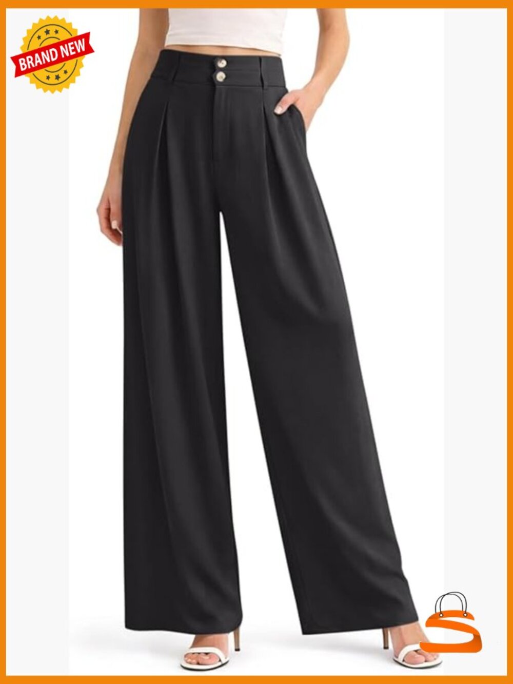 High Waisted Pleated Wide Leg Trousers with Pockets Work Pants
